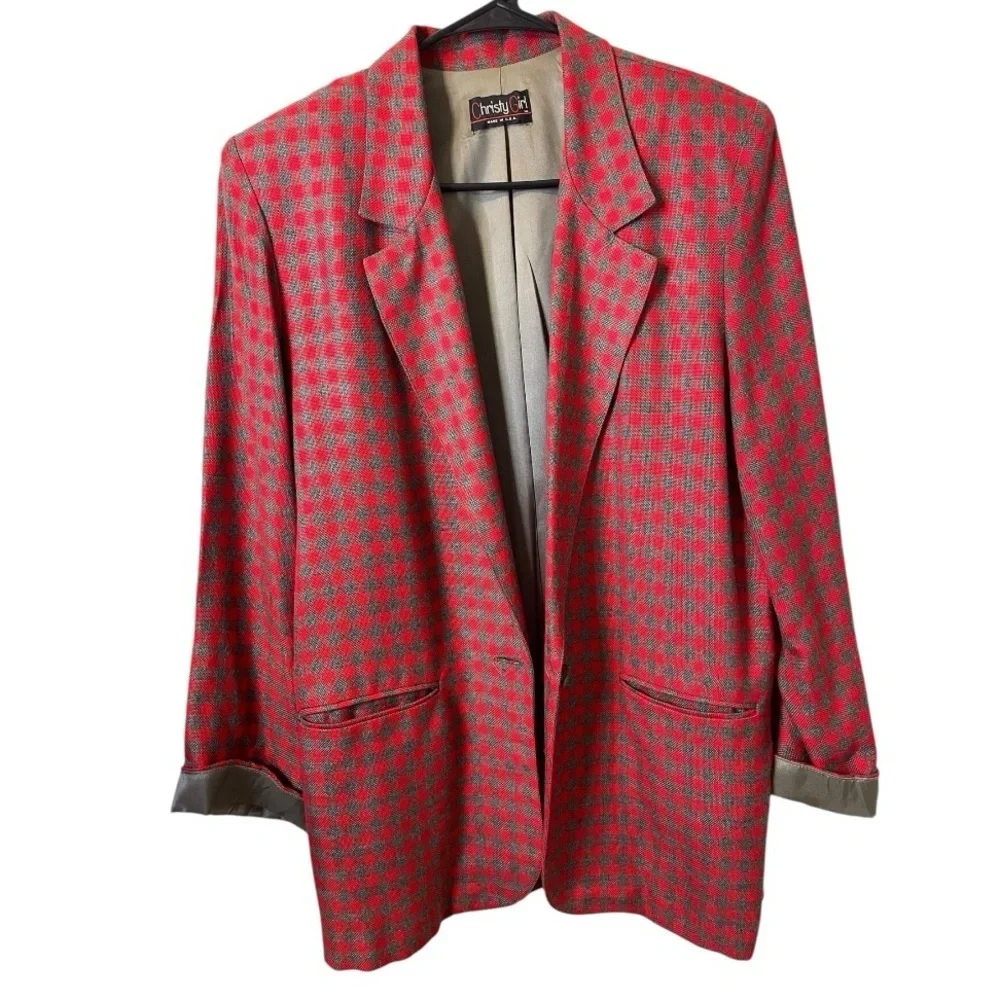 Vintage Christy Girl Oversized Blazer Jacket Women 8 Red Gray Plaid 80s 90s USA - Picture 3 of 8